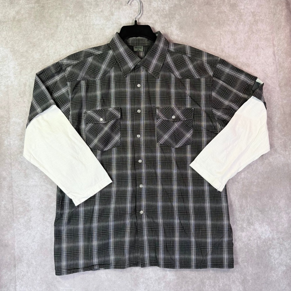 Identic Men XL Black Plaid Western Pearl Snap Shirt Layered Grunge Skater Y2K